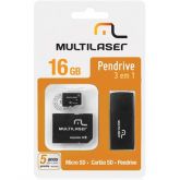 Pen Drive 16Gb 3 Em 1 Micro Sd e Cartao Sd Multilaser Mc112